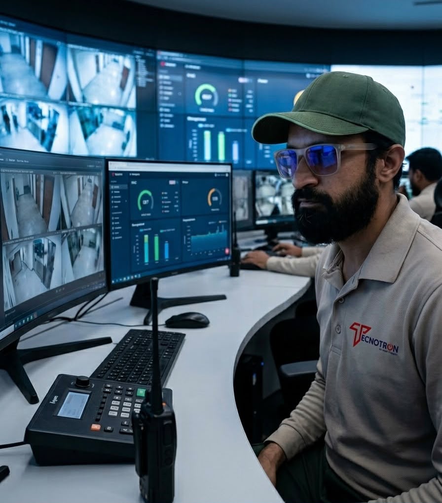 Security control room operator monitoring surveillance systems